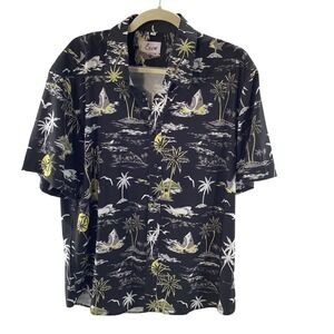 Euow Mens Shark Tropical Palm Tree Print Short Sleeve Button Up Shirt Black L